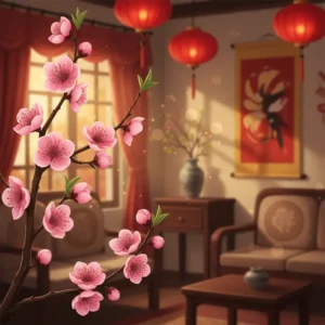 Cành đào phai nở rộ rực rỡ trong không gian phòng khách ngày Tết ấm cúng