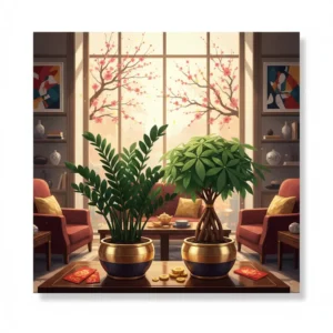 Ảnh vuông cây Kim Tiền và Kim Ngân trong không gian văn phòng sang trọng dịp Tết