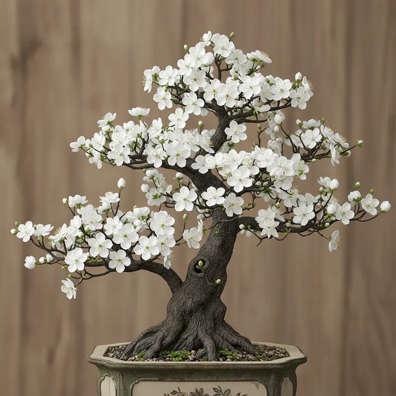 Hình ảnh cây Nhất Chi Mai bonsai nở hoa trắng rực rỡ trong chậu gốm cổ truyền
