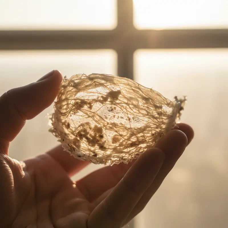 Cấu trúc sợi dài và lớp vụn bên trong của tổ yến tinh chế.