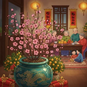 Hình ảnh chậu hoa đào ngày Tết trong phòng khách ấm cúng.