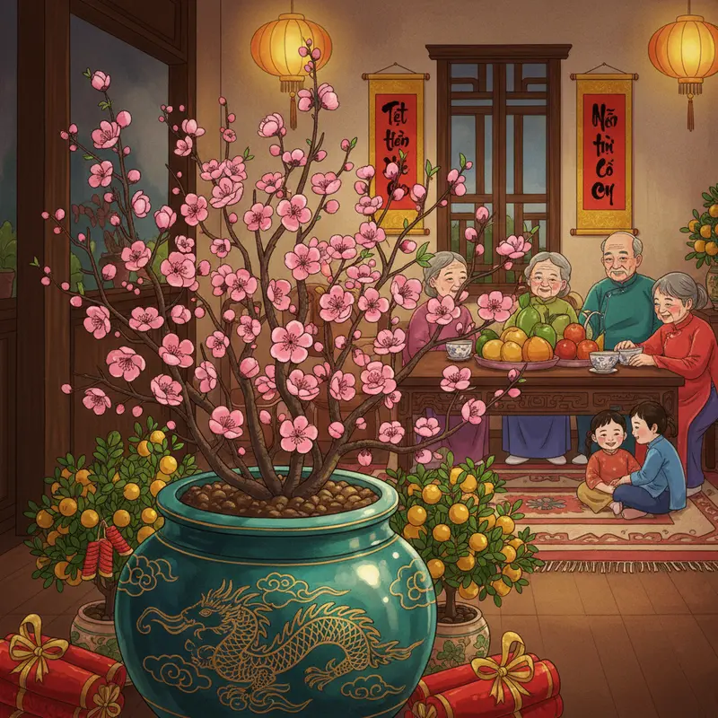 Hình ảnh chậu hoa đào ngày Tết trong phòng khách ấm cúng.