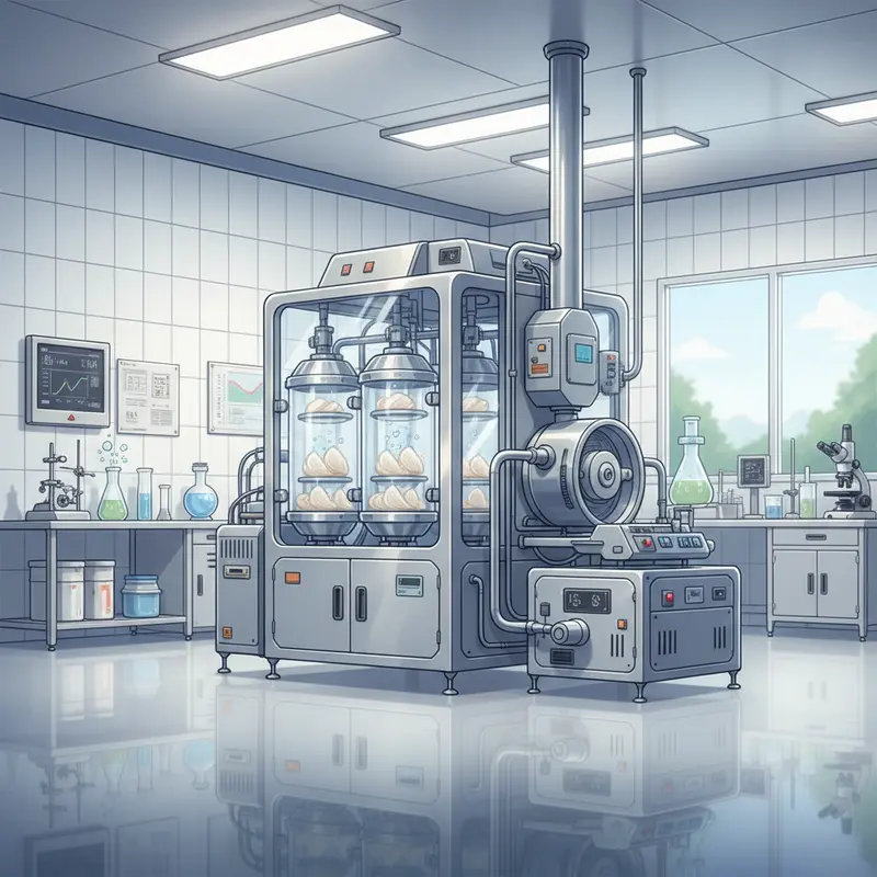 Máy sấy lạnh hiện đại trong cơ sở chế biến tổ yến, đảm bảo môi trường vệ sinh.