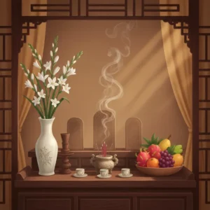 Hình ảnh bàn thờ gia tiên với bình hoa Huệ đặt đúng vị trí phong thủy