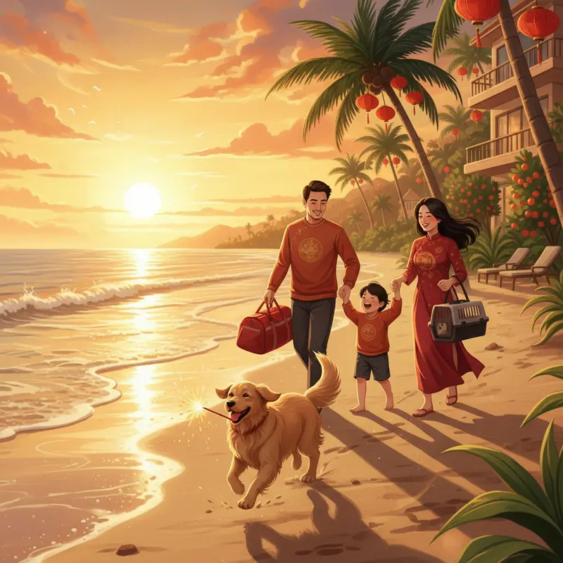 Gia đình hạnh phúc đi dạo trên bãi biển cùng chó cưng trong ánh hoàng hôn dịp Tết.