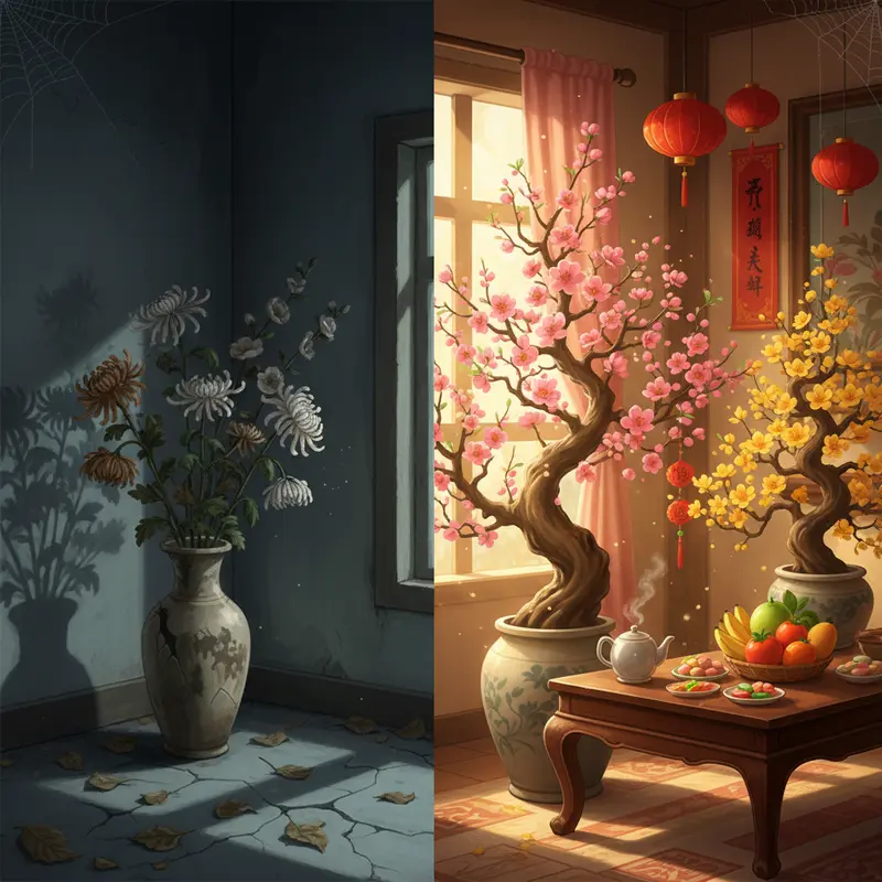 So sánh giữa hoa kiêng kỵ và hoa may mắn trong phòng khách ngày Tết
