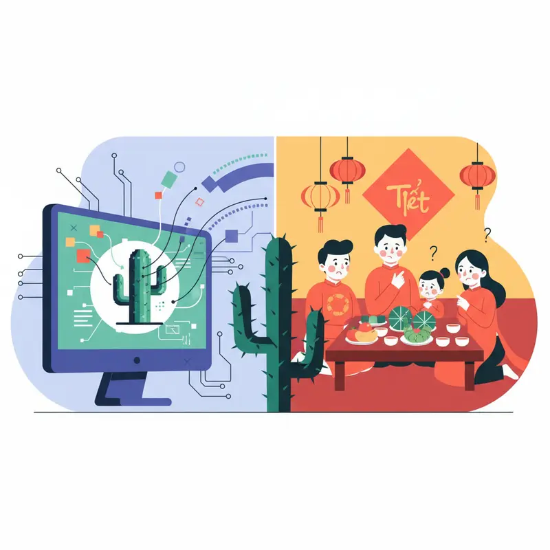 Sự tương phản giữa gai nhọn của xương rồng và sự mềm mại của hoa Tết.