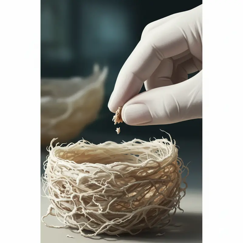 Soi tổ yến dưới ánh sáng để kiểm tra cấu trúc sợi và độ xuyên sáng.