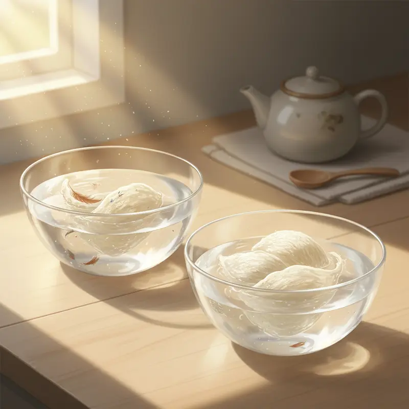 Sự khác biệt rõ rệt về cấu trúc giữa yến thô nguyên bản và yến tinh chế sạch lông.