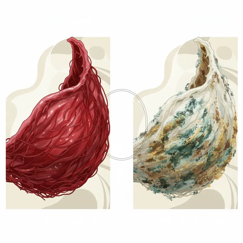 Sự khác biệt rõ rệt giữa sợi yến khỏe mạnh và khu vực bị nhiễm nấm mốc.