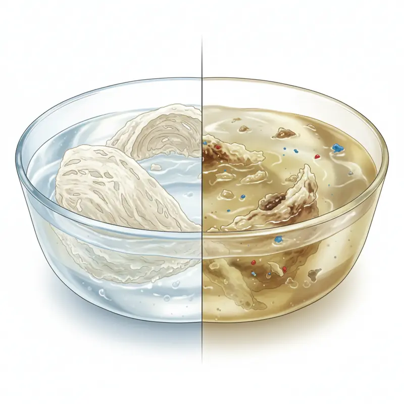 Soi tổ yến dưới ánh sáng để kiểm tra cấu trúc sợi và độ xuyên sáng.