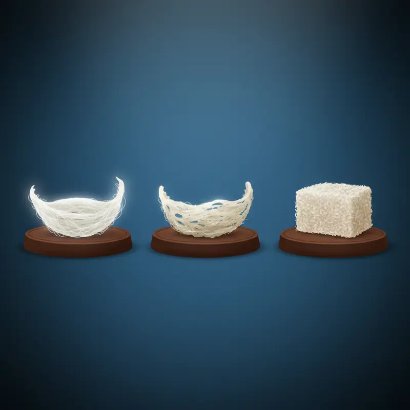 Cấu trúc sợi dài và lớp vụn bên trong của tổ yến tinh chế.