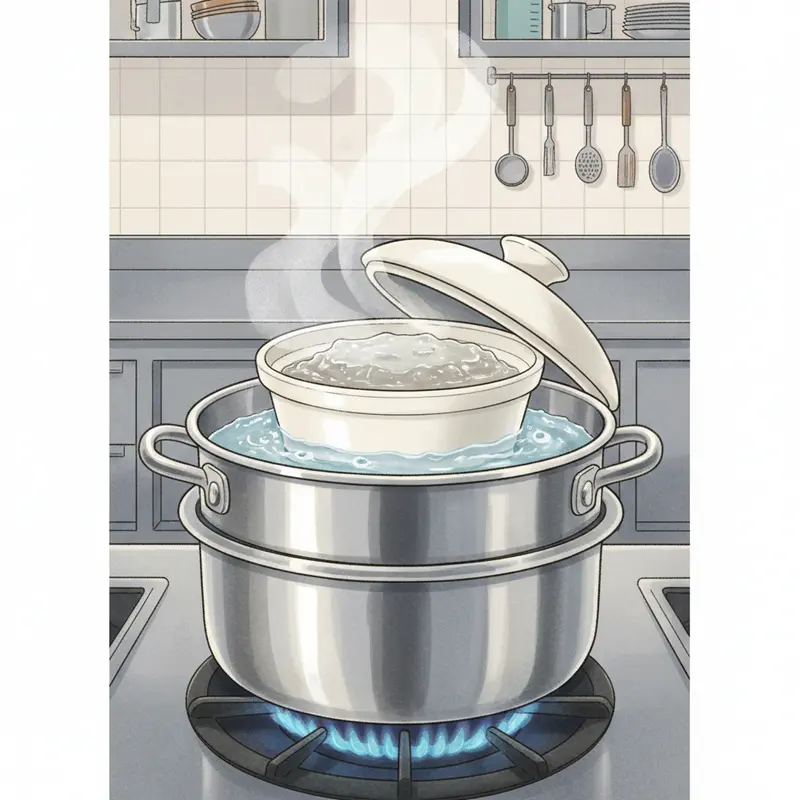 Mô phỏng phương pháp chưng cách thủy giúp nhiệt lượng lan tỏa đều.