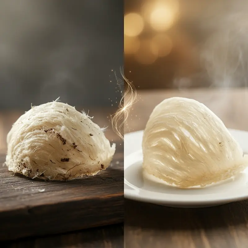 Sự khác biệt rõ rệt về cấu trúc giữa yến thô nguyên bản và yến tinh chế sạch lông.