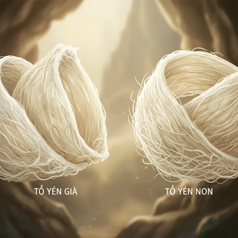 Sự khác biệt rõ rệt về cấu trúc giữa tổ yến già dày dặn và tổ yến non.