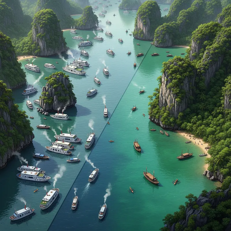 Sự đối lập giữa vẻ nhộn nhịp của Hạ Long và nét thanh bình của Lan Hạ.