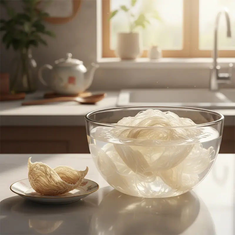 Sự khác biệt rõ rệt về thể tích giữa yến khô và yến sau khi ngâm nở.