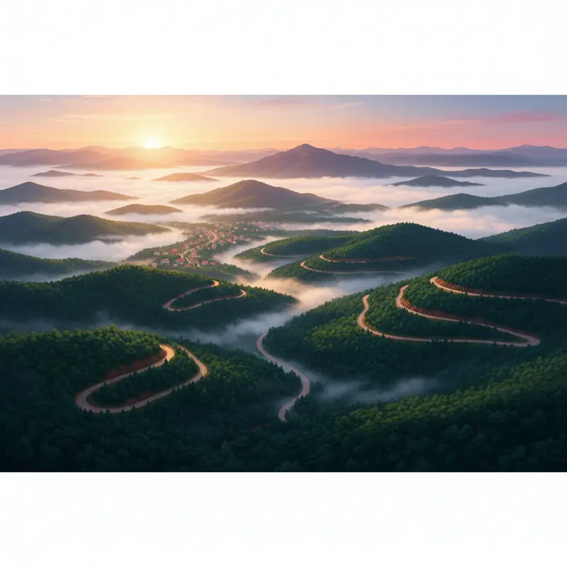 Toàn cảnh thị trấn Măng Đen Kon Tum trong sương sớm nhìn từ trên cao