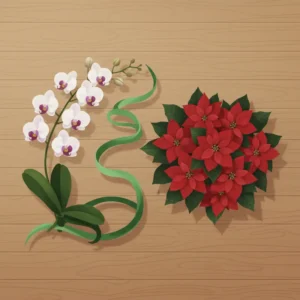 Hình ảnh nghệ thuật so sánh hoa Lan Hồ Điệp và hoa Trạng Nguyên trên nền gỗ