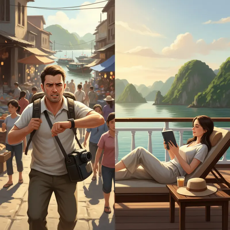 Sự đối lập giữa vẻ nhộn nhịp của Hạ Long và nét thanh bình của Lan Hạ.