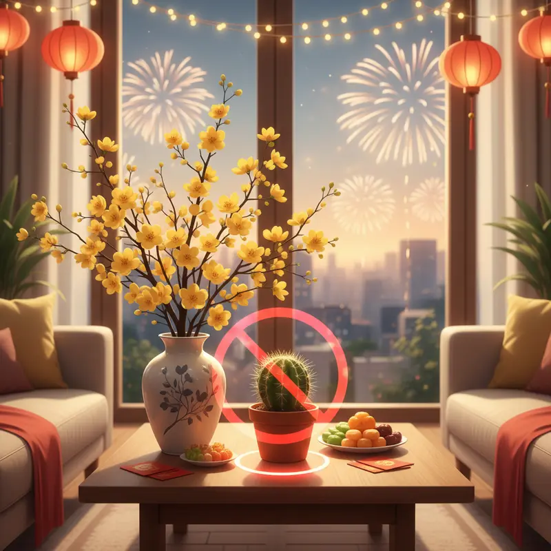 Sự tương phản giữa gai nhọn của xương rồng và sự mềm mại của hoa Tết.
