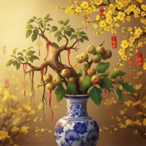 Hình ảnh cành đa và cành sung được chưng trong bình gốm ngày Tết với không gian ấm cúng.