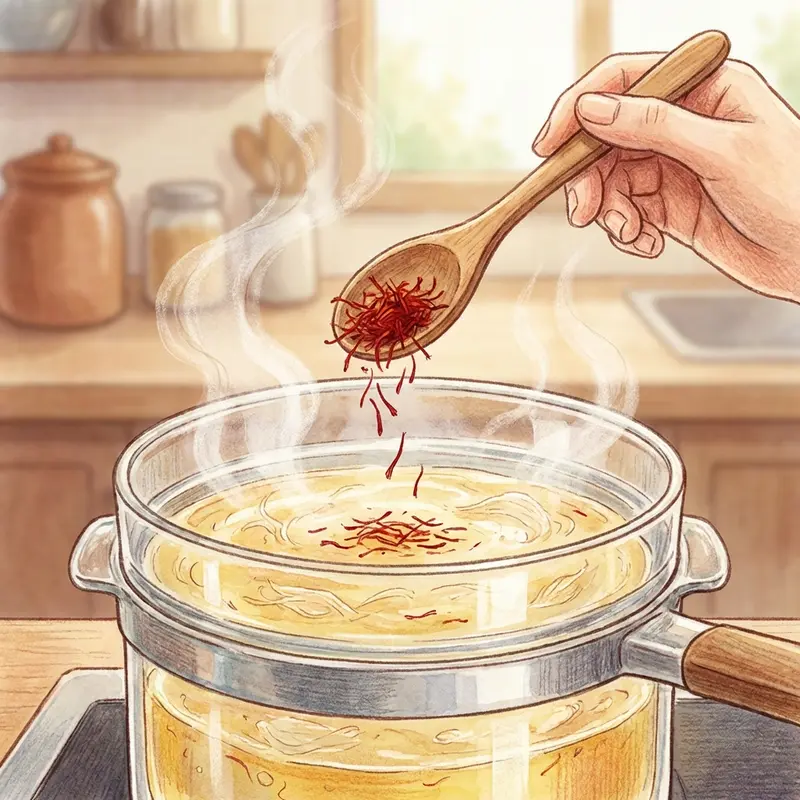 Thả saffron vào sau khi yến đã chín để bảo toàn dược tính.