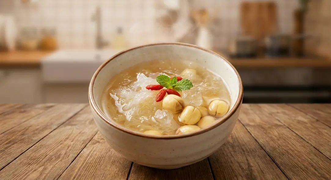 Yến chưng đường phèn hạt sen là món ăn thanh mát, bổ dưỡng và dễ chế biến cho bé.