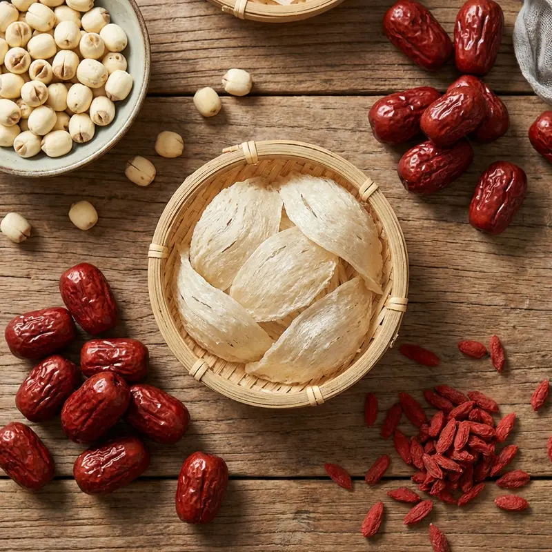 Các nguyên liệu bổ trợ như táo đỏ và hạt sen tăng cường hiệu quả làm đẹp.