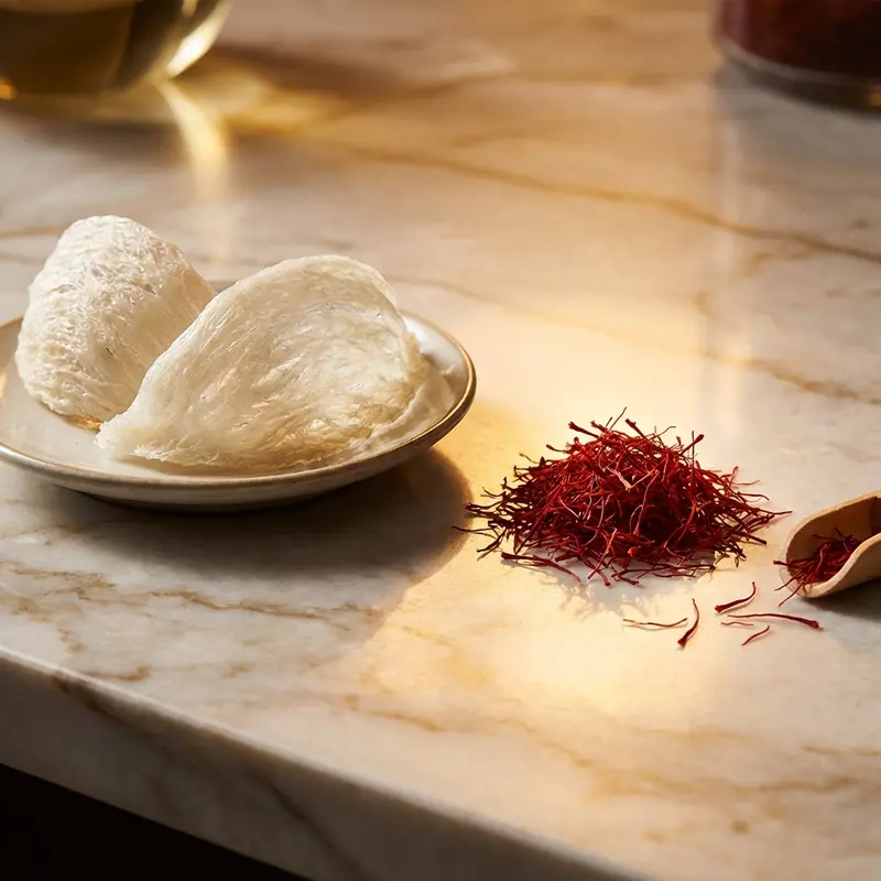 Sự kết hợp hoàn hảo giữa tổ yến nguyên chất và nhụy hoa nghệ tây thượng hạng.