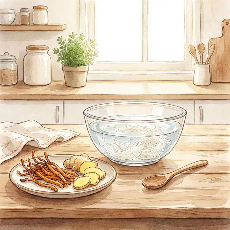 Các bước sơ chế: Ngâm yến nở, làm sạch đông trùng và thái gừng.