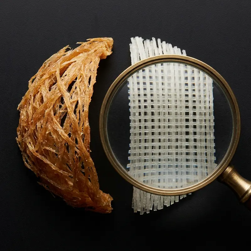 So sánh kết cấu sợi yến thật (trái) và yến giả (phải) dưới kính lúp.