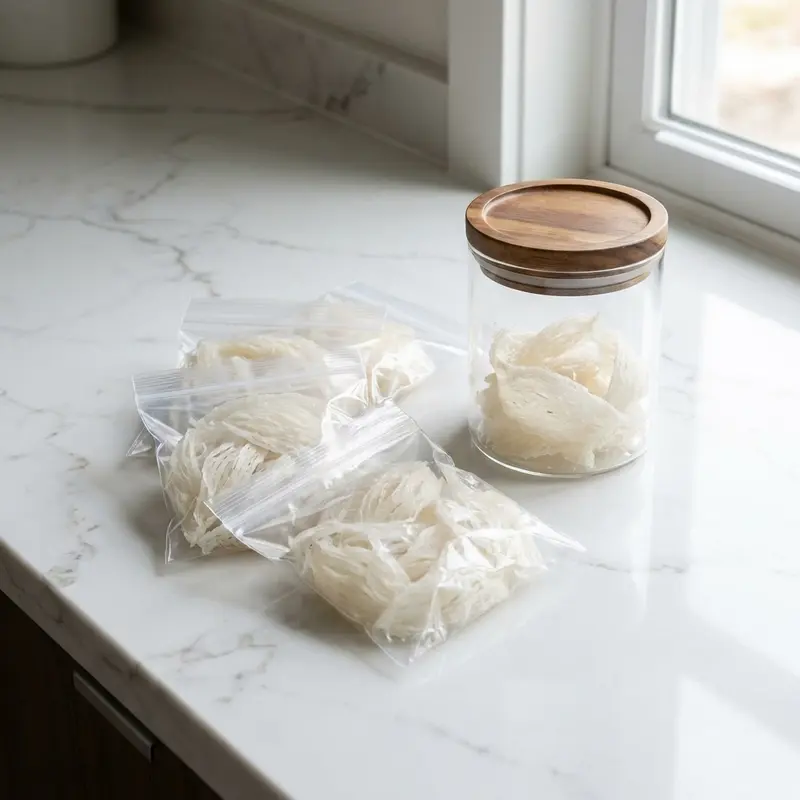 Chia nhỏ và đóng gói yến tươi vào túi zip để bảo quản tủ lạnh an toàn.