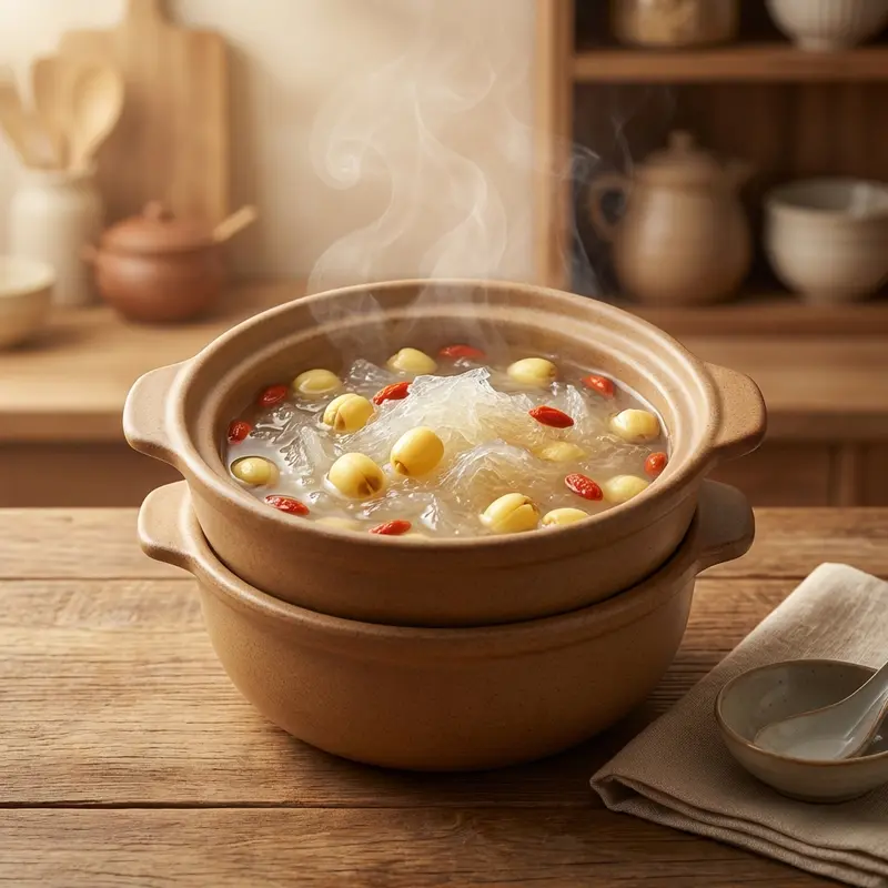 Yến chưng cách thủy với hạt sen và kỷ tử là món ăn an thai bổ dưỡng.