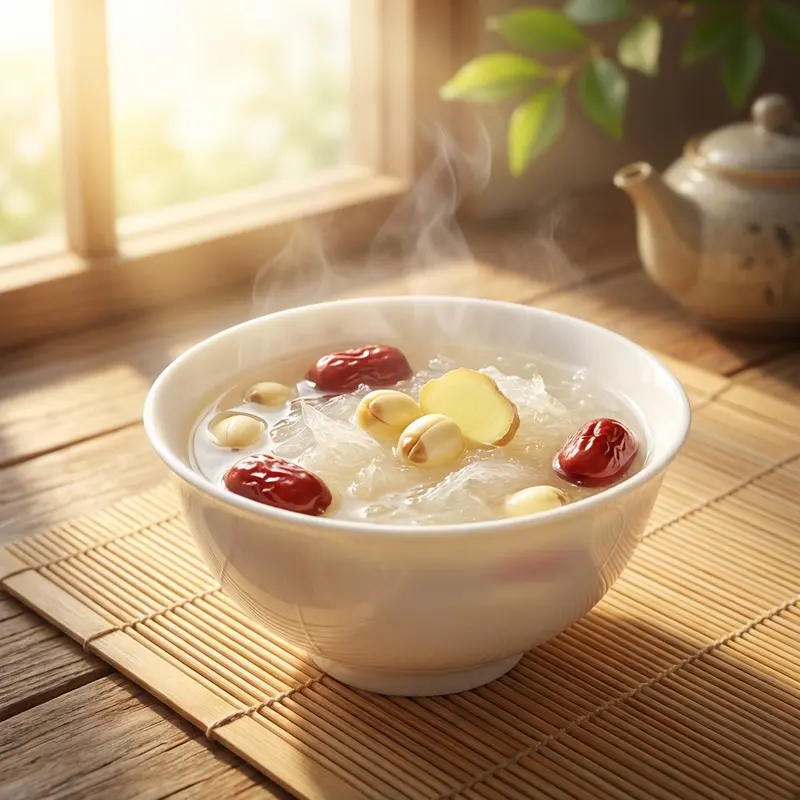 Chưng yến cách thủy cùng gừng và táo đỏ giúp giữ vẹn dưỡng chất và làm ấm dạ dày.