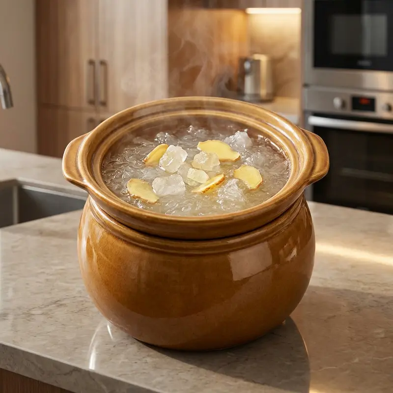 Yến chưng đường phèn thêm lát gừng giúp mẹ bầu dễ tiêu hóa và giữ ấm.