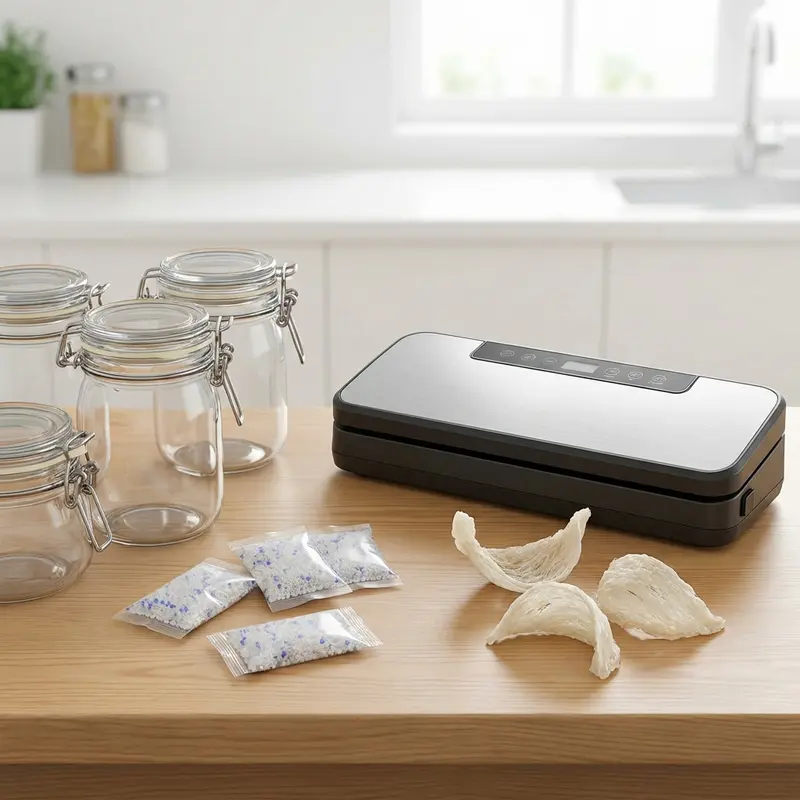 Sử dụng lọ thủy tinh có gioăng cao su và túi hút chân không để bảo vệ tổ yến.