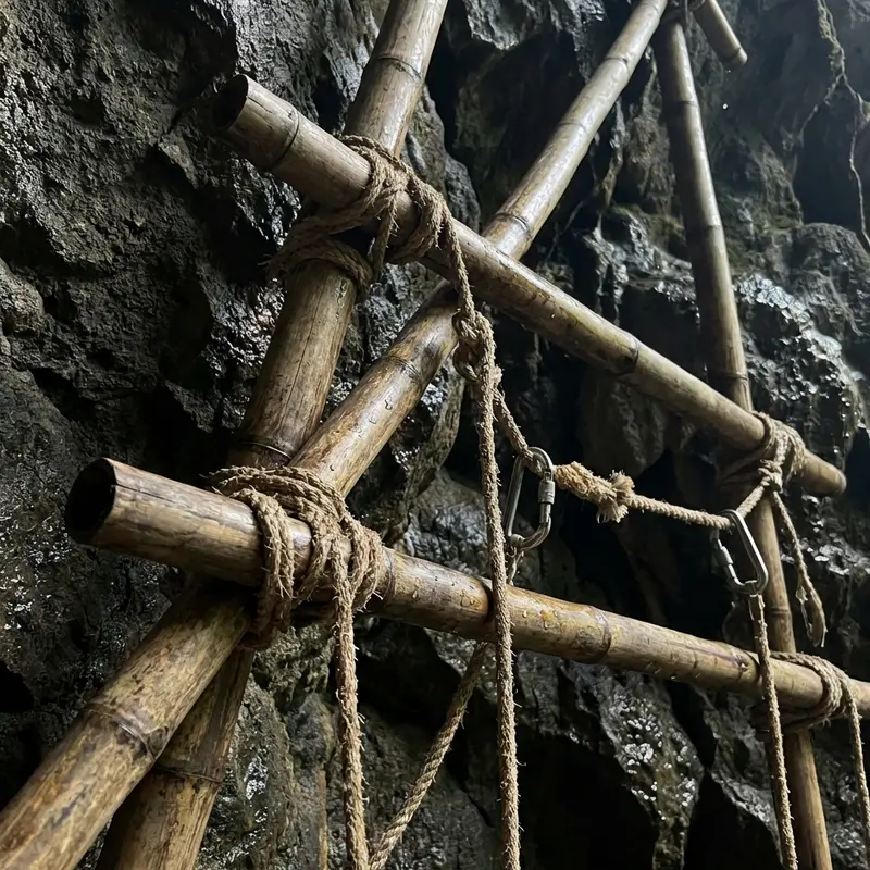 Hệ thống giàn giáo tre bám sát vách đá hiểm trở