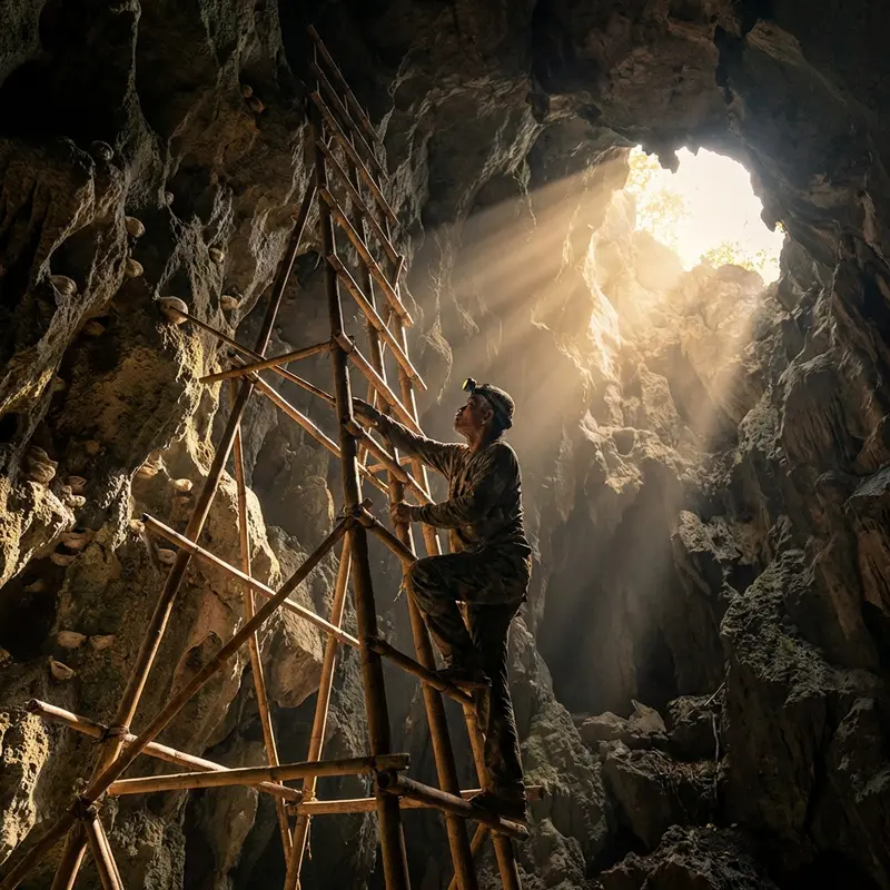 Quá trình khai thác tổ yến đảo đầy nguy hiểm và đòi hỏi sự tỉ mỉ.