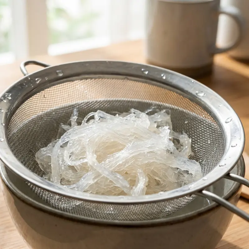 Làm ráo nước yến tươi bằng rây inox để tránh vi khuẩn.