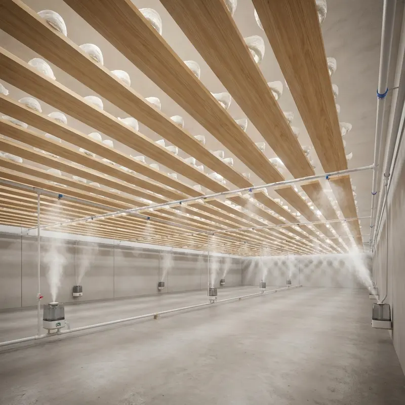 Bên trong nhà nuôi yến hiện đại với các thanh gỗ sạch sẽ, tạo điều kiện lý tưởng cho tổ yến tinh khiết.