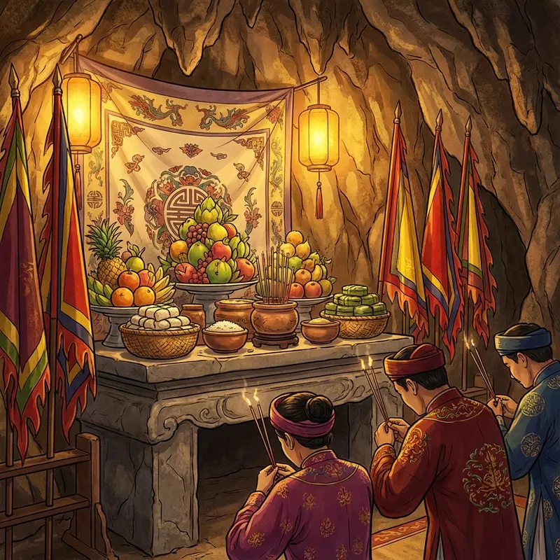 Bàn thờ tế lễ tổ nghề yến với nhiều sản vật tinh túy.