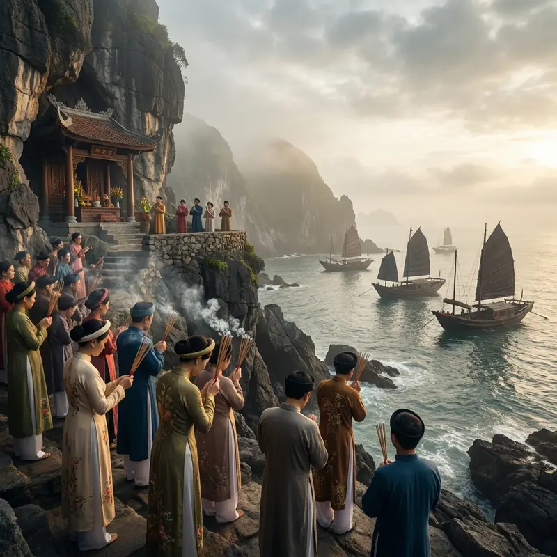 Người dân dâng hương tại đền thờ trên đảo.