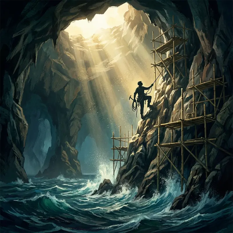 Thợ khai thác yến trên vách đá cheo leo.