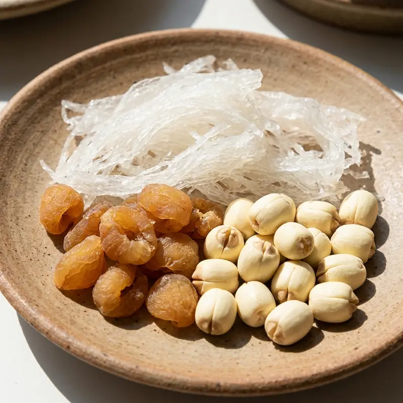 Bộ ba nguyên liệu yến sào, nhãn nhục và hạt sen.