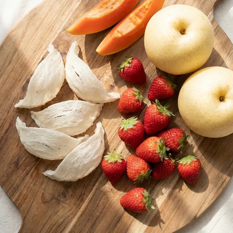 Tổ yến và các loại trái cây tươi giàu vitamin.