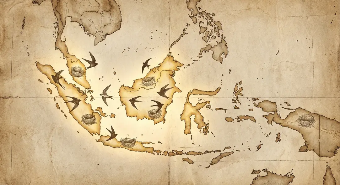 Bản đồ thể hiện nguồn gốc của ngành công nghiệp yến sào tại Đông Nam Á.