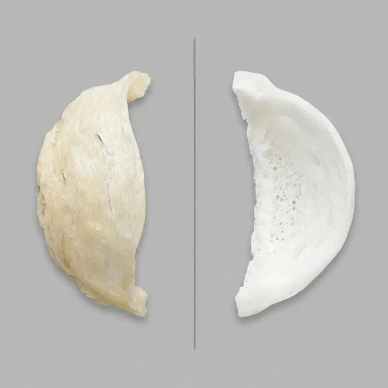 So sánh chân yến thật (trái) với màu trắng ngà tự nhiên và chân yến kém chất lượng (phải).