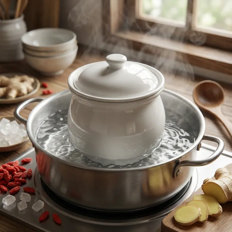Chưng yến cách thủy cùng gừng tươi giúp làm ấm phế quản và bảo toàn dưỡng chất.