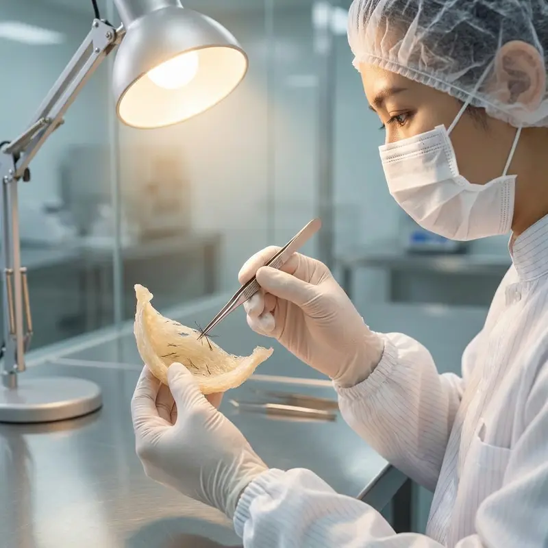 Quy trình nhặt lông yến thủ công bằng nhíp chuyên dụng trong môi trường vô trùng.